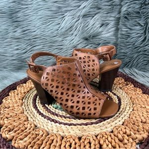 Franco Sarto Monogram Tan Slingback Eyelet But Out Ankle Strap Sandals